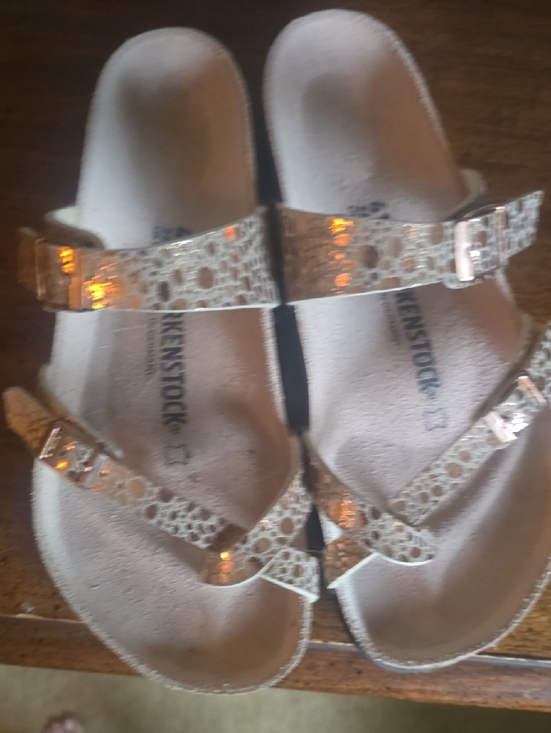 Birkenstock Shoes - Birkenstock Gizeh Style Metallic Snake-Print Sandals - Rose Gold